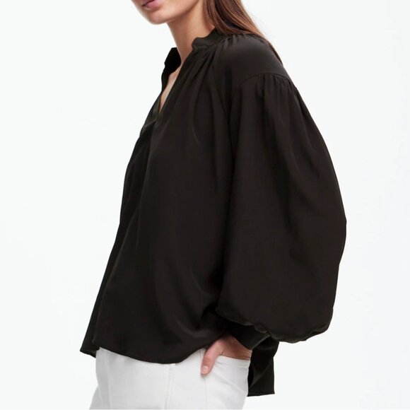 NWT Madewell Sz XS Black Shirred Long Sleeve Top in Silk Relaxed Flowy NT652 - Picture 2 of 12